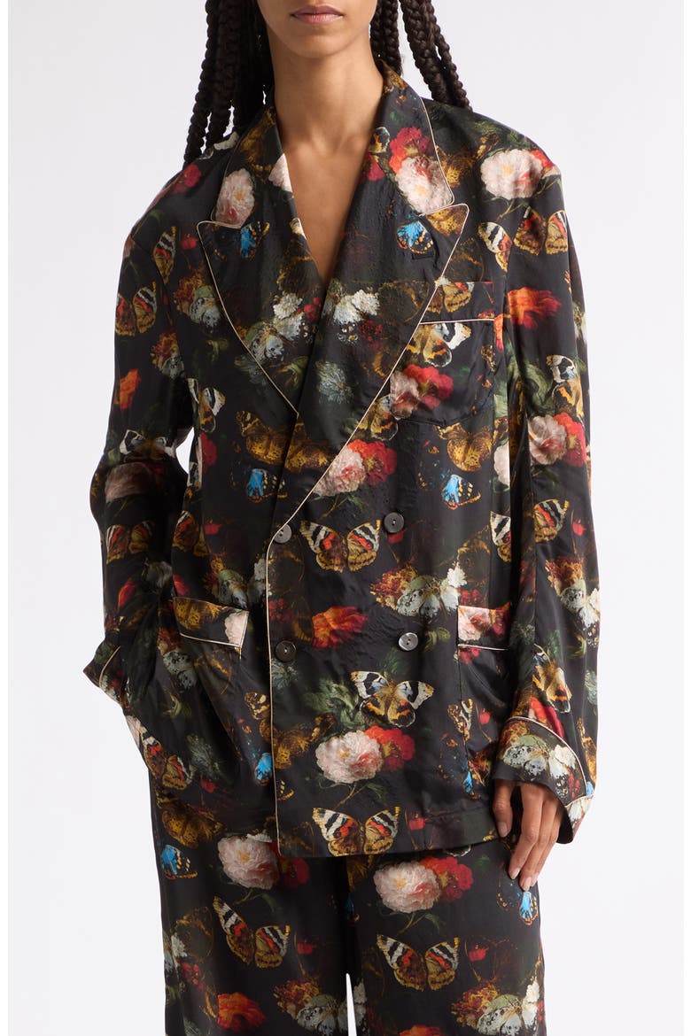 Ragged Peak Lapel Double Breasted Blazer, Main, color, BLACK RED FLORAL BUTTERFLY
