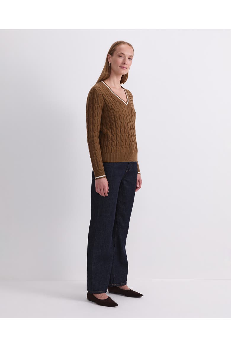 Merino Cable V Neck Sweater, Alternate, color, Tobacco