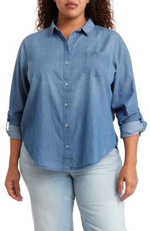 Chambray Long Sleeve Button-Up Shirt (Plus)