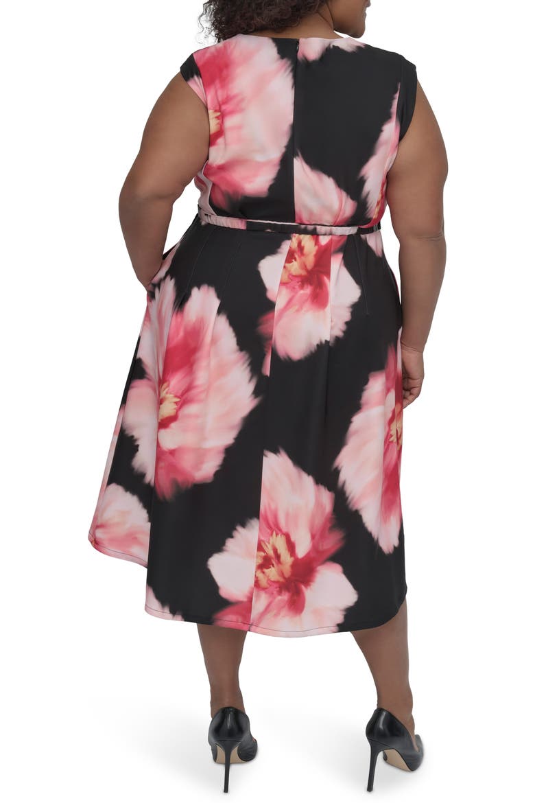 Floral Cap Sleeve Belted Midi Dress, Alternate, color, BLACK MULTI