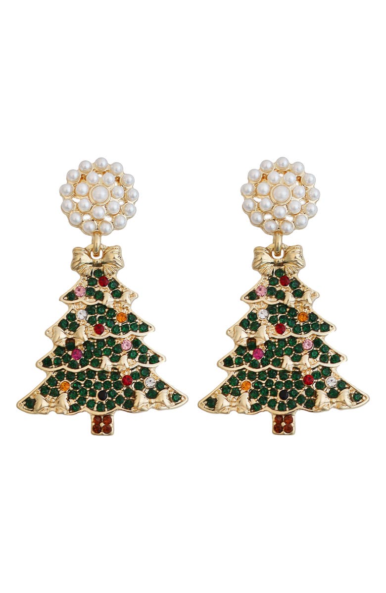 Panacea Faux Pearl & Crystal Christmas Tree Drop Earrings, Main, color, Green