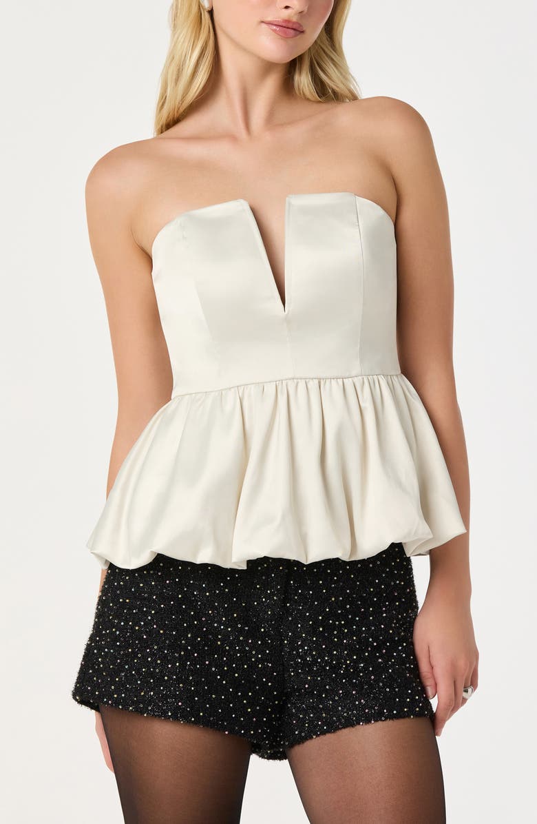 ASTR the Label Satin Strapless Plunge Peplum Top, Alternate, color, Off White