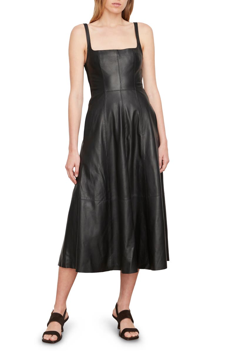 Vince Square Neck Leather A-Line Dress, Main, color, 