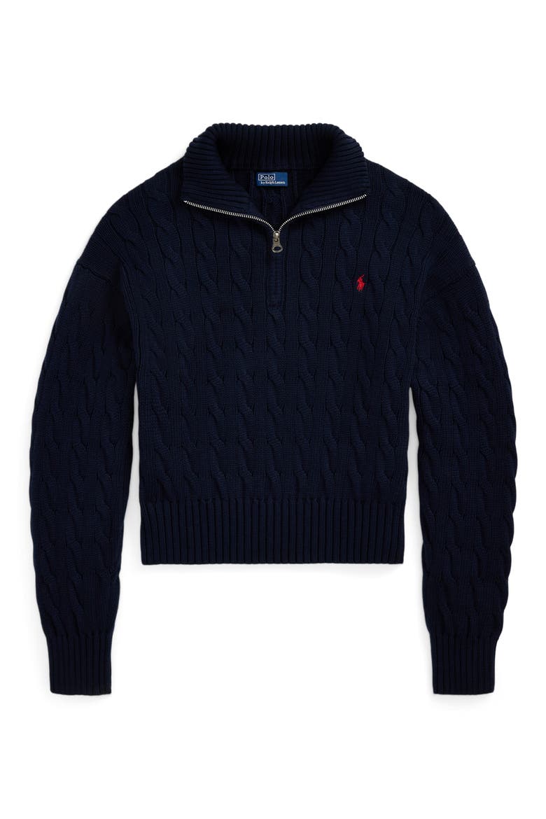 Cable Knit Cotton Polo Sweater, Alternate, color, BLUE