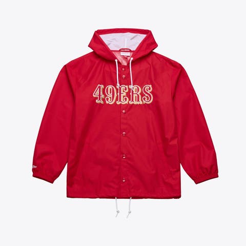 Men's Mitchell & Ness Scarlet San Francisco 49ers Coaches Full-Snap Hooded Windbreaker Jacket