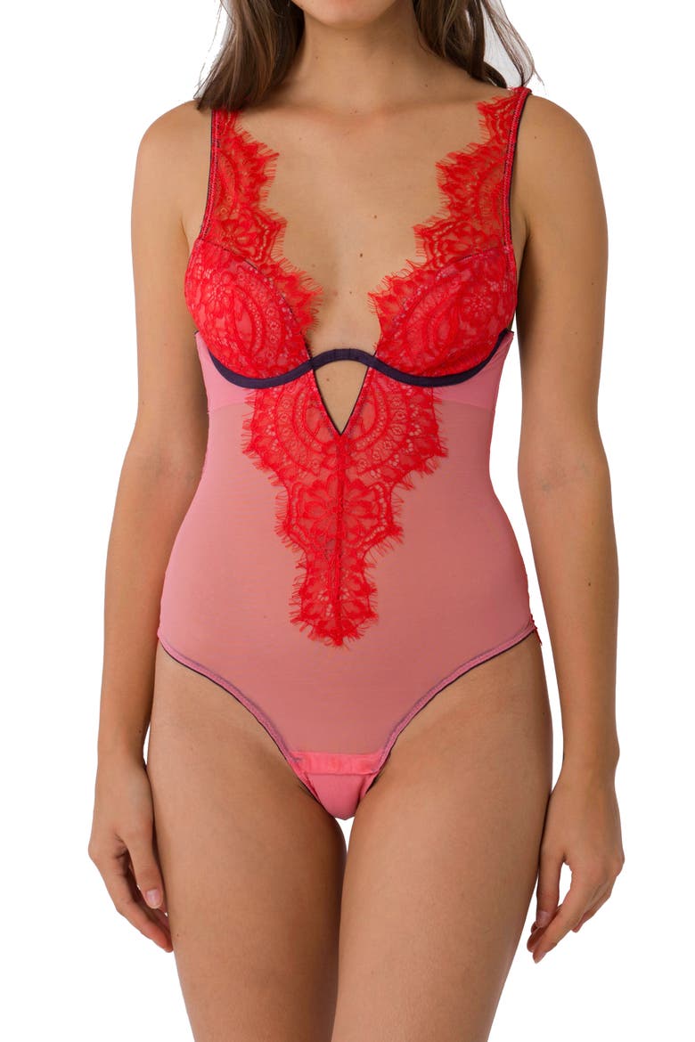 Rupa Lace Trim Underwire Teddy, Main, color, RED