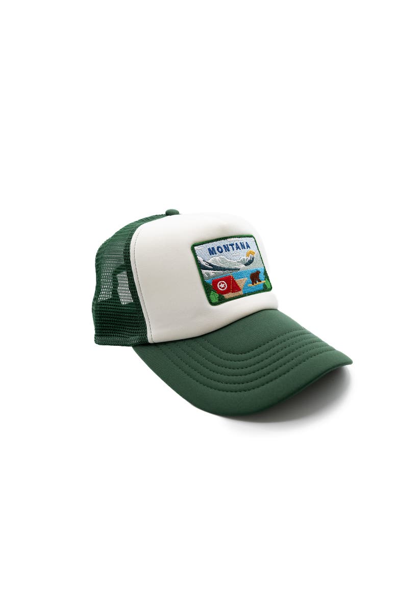 Rey To Z Montana Postcard Trucker Hat - Kids, Alternate, color, Dark Green & White