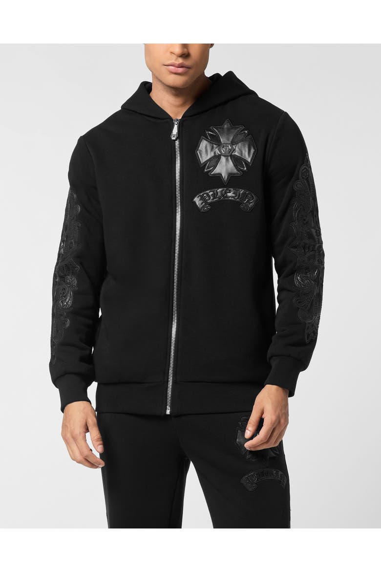 Zip Hoodie With Leather Inserts Chrome Crest Men, Main, color, black