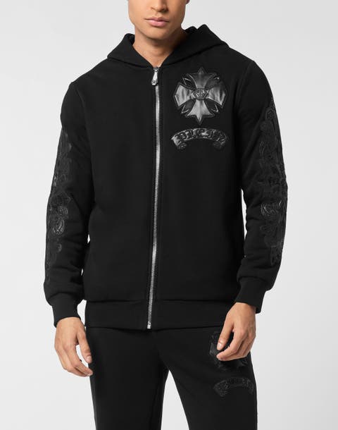 Zip Hoodie With Leather Inserts Chrome Crest Men