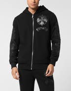 PHILIPP PLEIN Zip Hoodie With Leather Inserts Chrome Crest Men