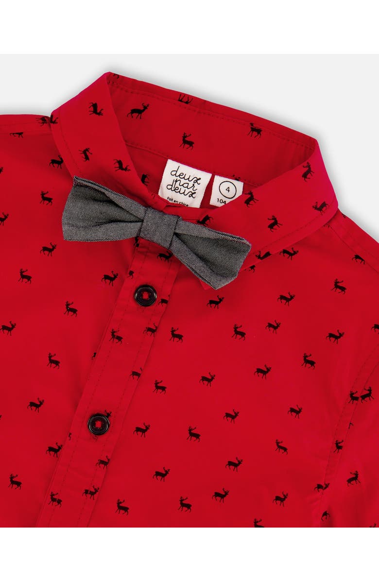 Deux par Deux Boy's Printed Reindeer Poplin Shirt With Bow Tie Red, Alternate, color,