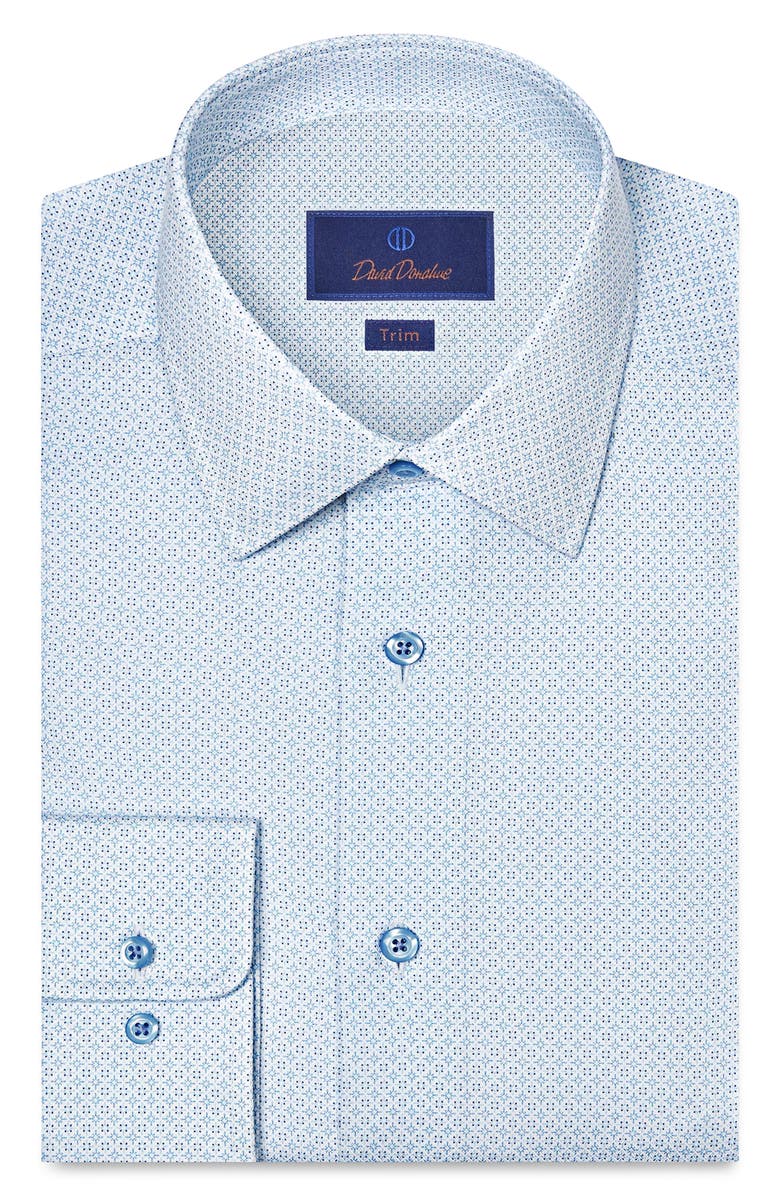 David Donahue Trim Fit Geometric Print Cotton Dress Shirt, Main, color, White/ Sky