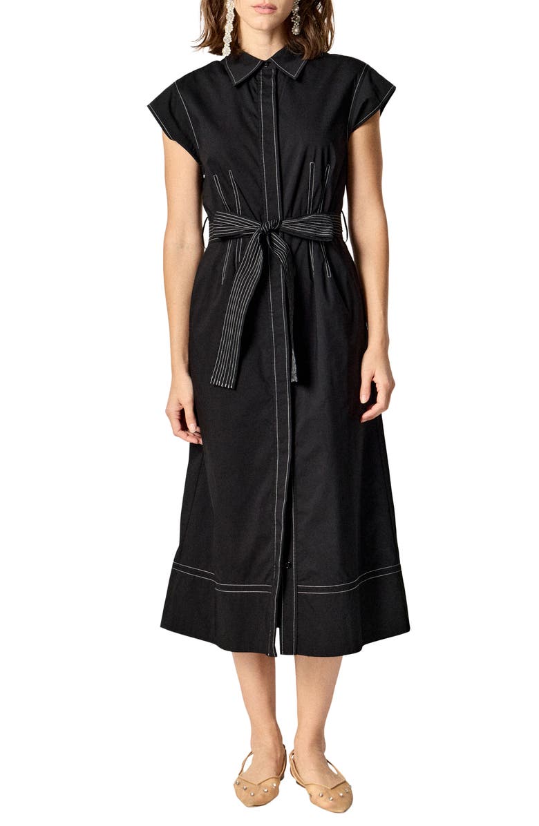 English Factory Contrast Stitch Stretch Cotton Blend Shirtdress, Main, color, Black