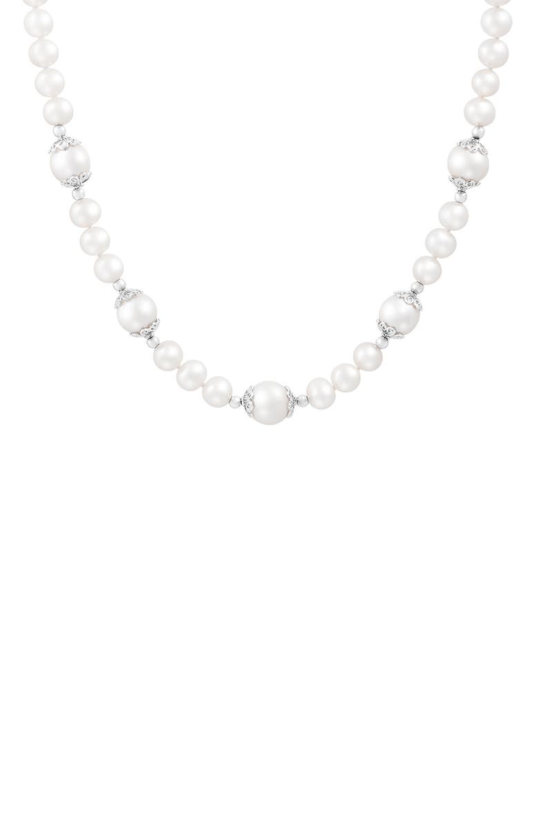 SPLENDID PEARLS Sterling Silver Filigree 6-12mm Cultured Freshwater Pearl Station Necklace, Main, color, Natural White
