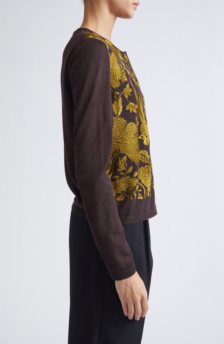 Giambattista Valli Metallic Floral Jacquard Cashmere & Silk Cardigan, Alternate, color, Brown