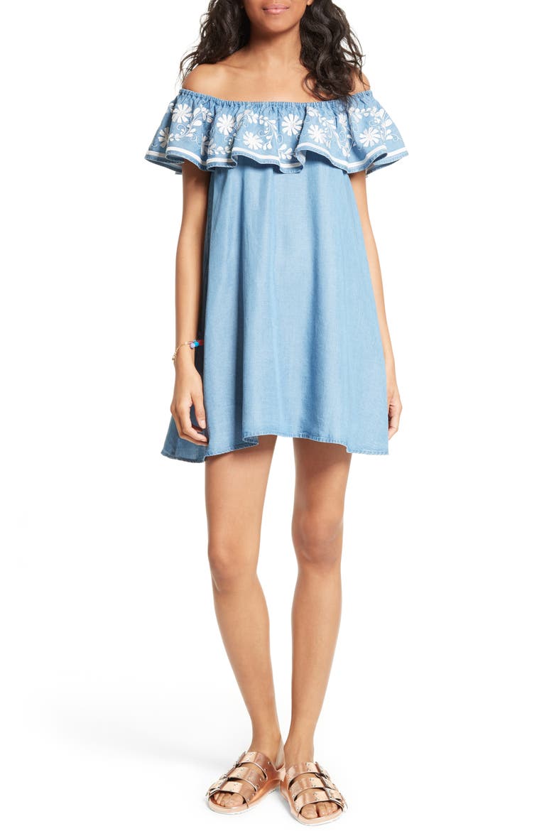 Dev Off the Shoulder Minidress, Main, color, LIGHT BLUE