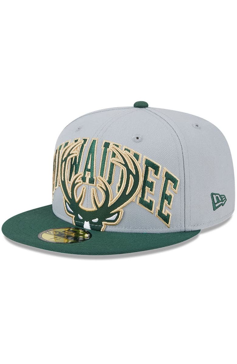 New Era Men's New Era Gray/Hunter Green Milwaukee Bucks Tip-Off Two-Tone 59FIFTY Fitted Hat, Main, color, Gray