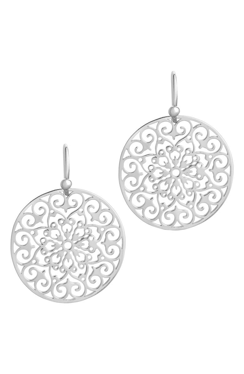 Sterling Forever Round Filigree Drop Earrings, Main, color, Silver