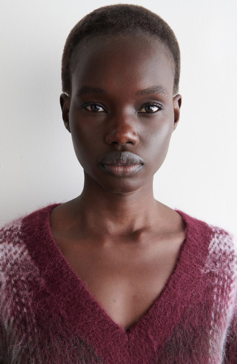 COS Dorian Check Oversize Alpaca & Wool Blend V-Neck Sweater, Alternate, color, Red Dark