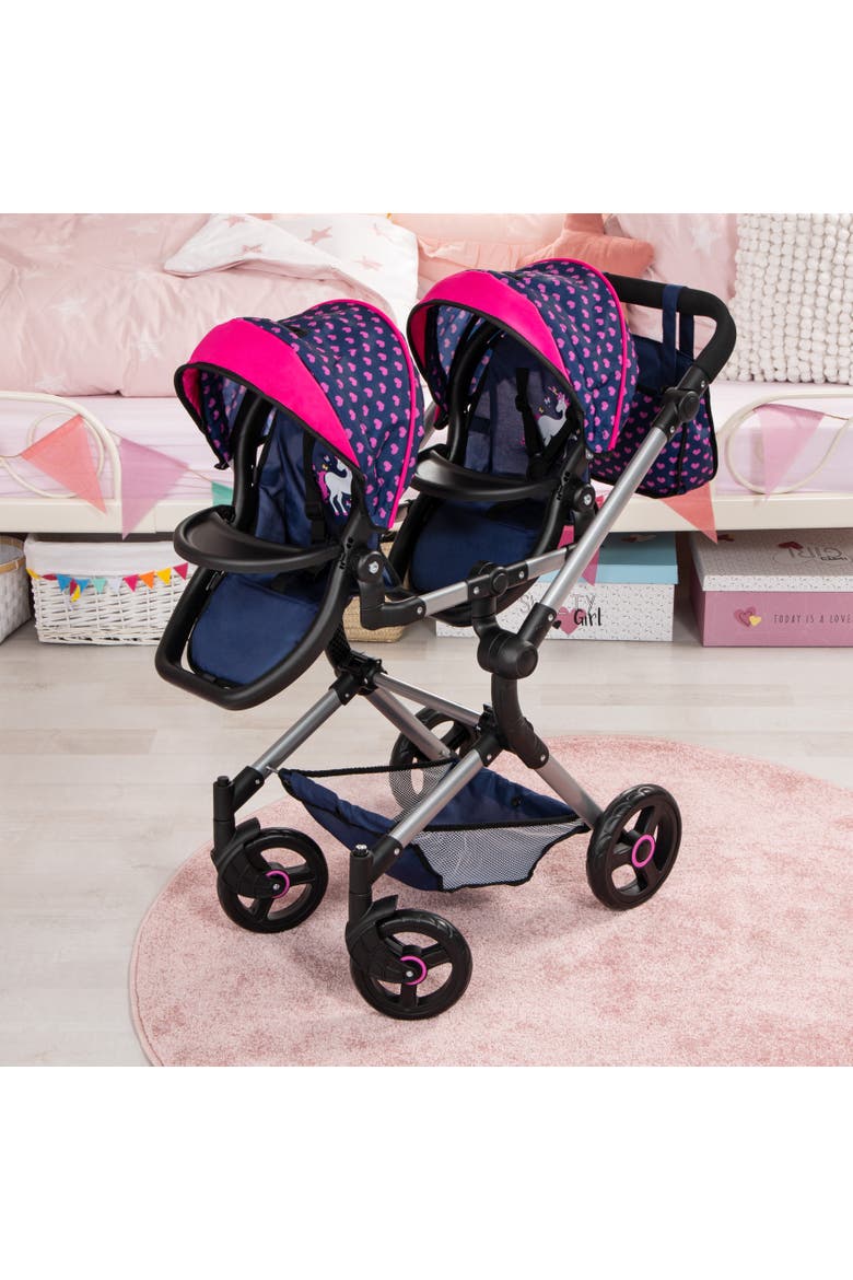 Twin Doll Pram Neo, Blue With Unicorn and Hearts, 18 Inch, Alternate, color, Multicolored