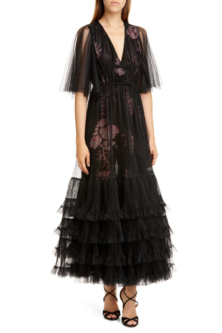 Pleated Tulle Overlay Floral Gown, Main, color, BLACK