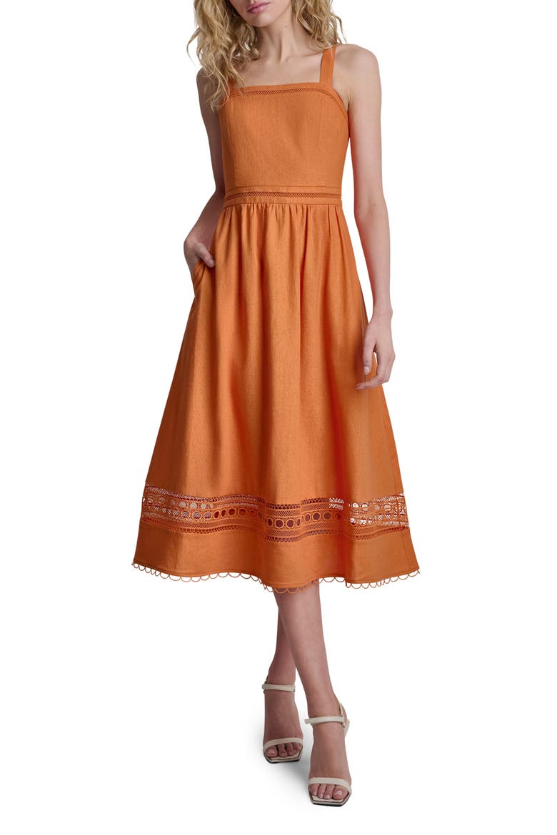 Eyelet Embroidery Linen Blend A-Line Dress, Main, color, AMBERGLOW