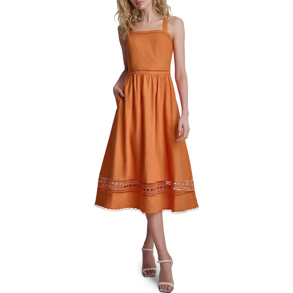 Dkny Eyelet Embroidery Linen Blend A-line Dress In Orange