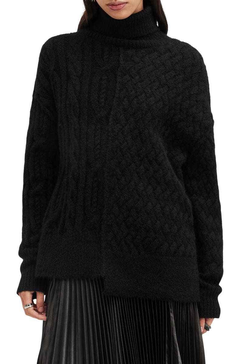 AllSaints Varla Turtleneck Cable Alpaca Blend Sweater, Main, color, Black