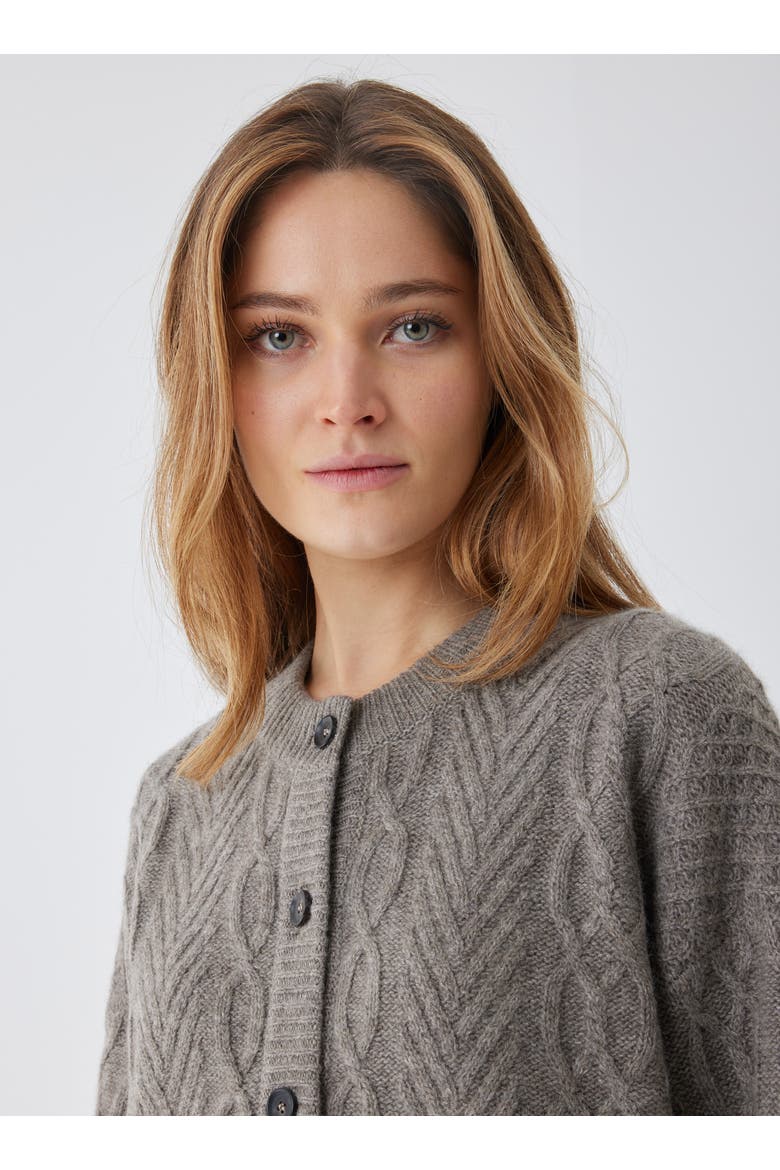 Yak Wool Cable Long Sleeve Crewneck Cardigan, Alternate, color, SMOKE