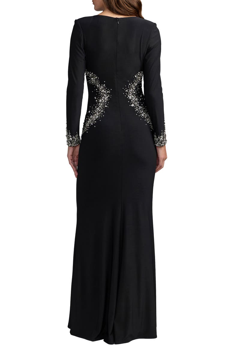 Long Sleeve Embellished Jersey Gown, Alternate, color, Black