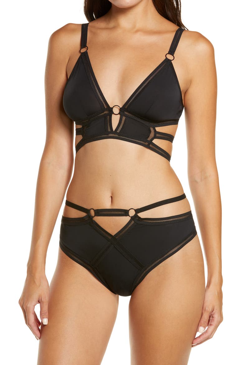 Along the Lines Bra & High Waist Panties Set, Main, color, BLACK