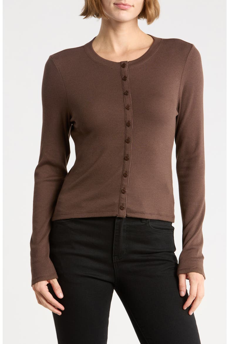 Essie Ribbed Long Sleeve Button Top, Main, color, ESPRESSO