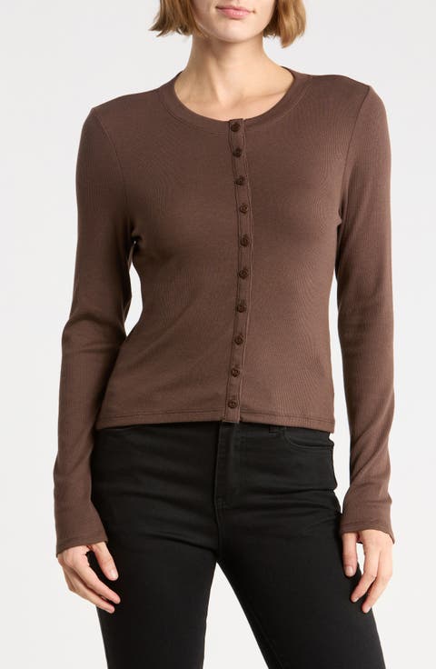Essie Ribbed Long Sleeve Button Top