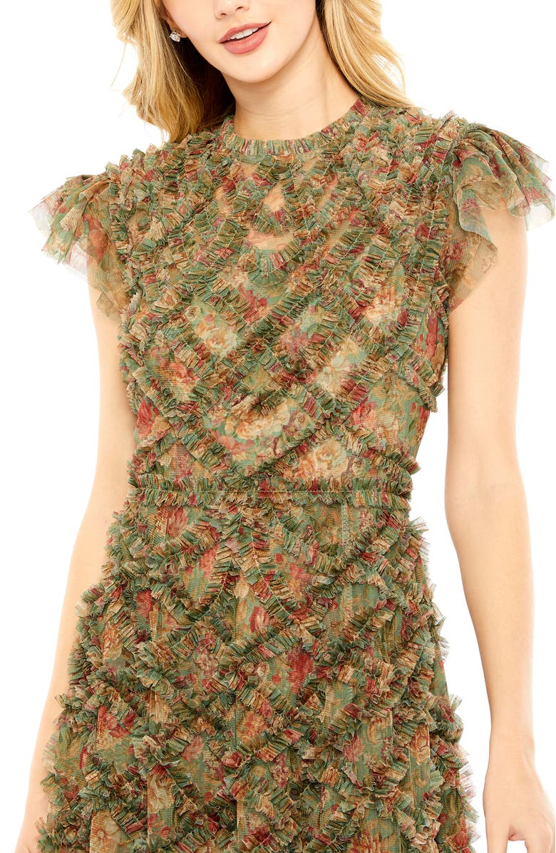 Mac Duggal High Neck Ruffle Cap Sleeve A-Line Floral Dress, Alternate, color, Green Multi