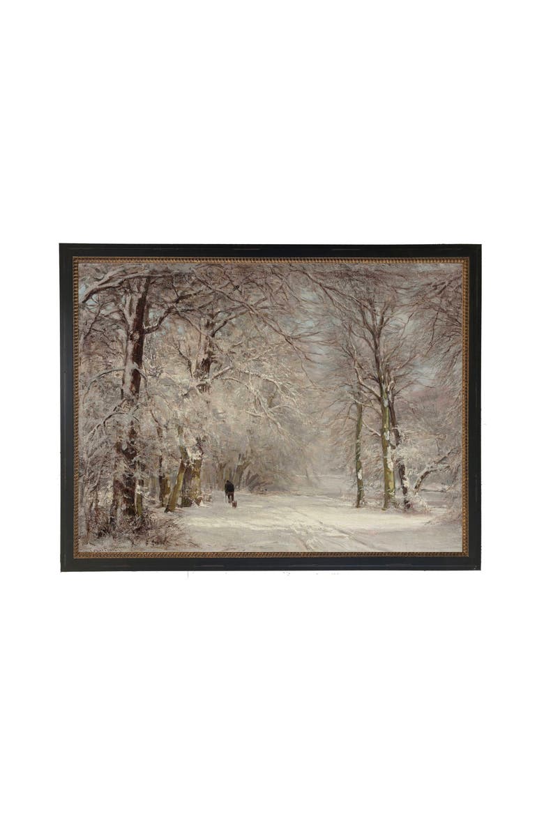 Vintage Oil Painting of Person Walking in Snowy Woods, Main, color, Grey