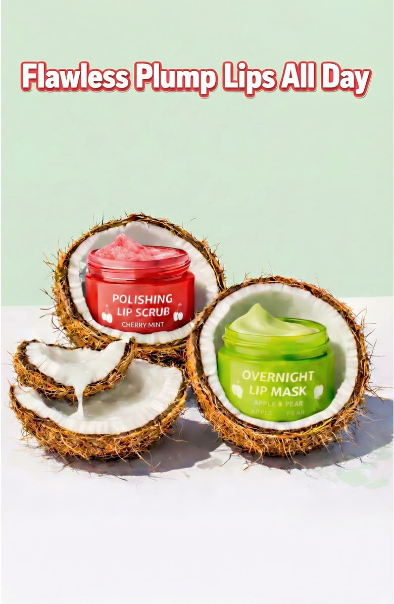 Lovery Korean Lip Care Duo Set - Cherry Mint Exfoliating Lip Scrub & Apple and Pear Overnight Lip Mask, Alternate, color, Red And Green