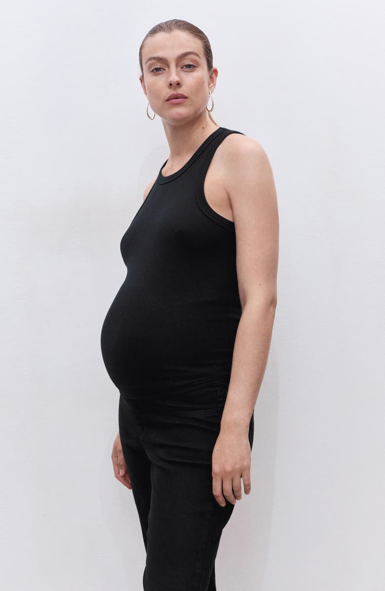 MANGO Over the Bump Raw Hem Crop Flare Maternity Jeans, Alternate, color, Black Denim