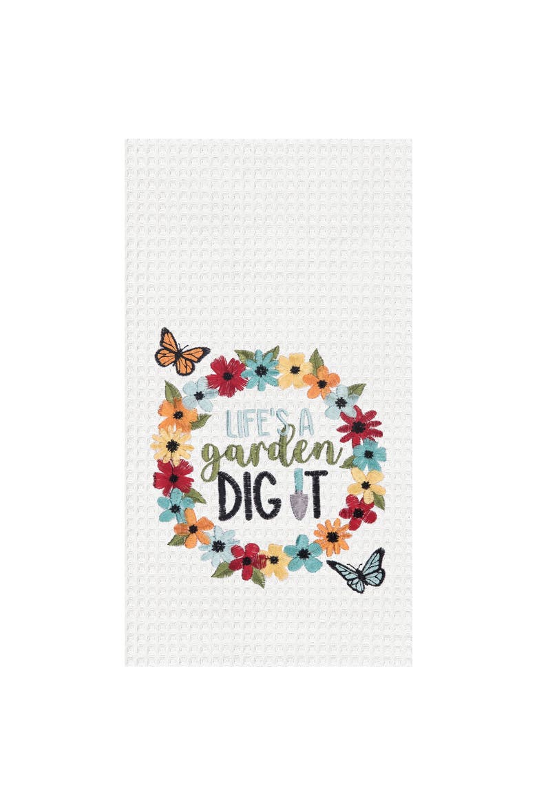 Life's A Garden Embroidered Cotton Waffle Weave Kitchen Towel, Main, color, White
