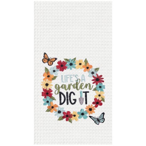 Life's A Garden Embroidered Cotton Waffle Weave Kitchen Towel