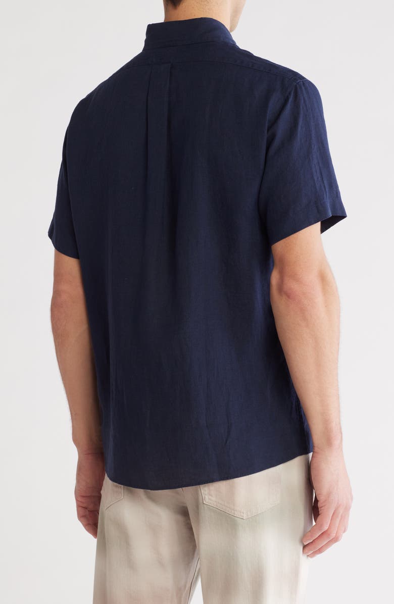 Brooks Brothers Regular Fit Short Sleeve Linen Button-Down Shirt, Alternate, color, Navy