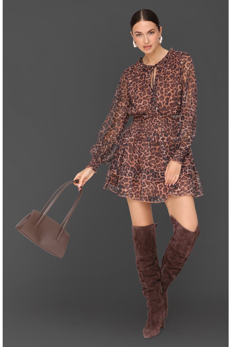 Print Ruffle Long Sleeve Minidress, Alternate, color, MOCHA CHEETAH