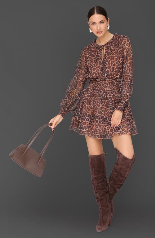 Avec Les Filles Print Ruffle Long Sleeve Minidress In Brown