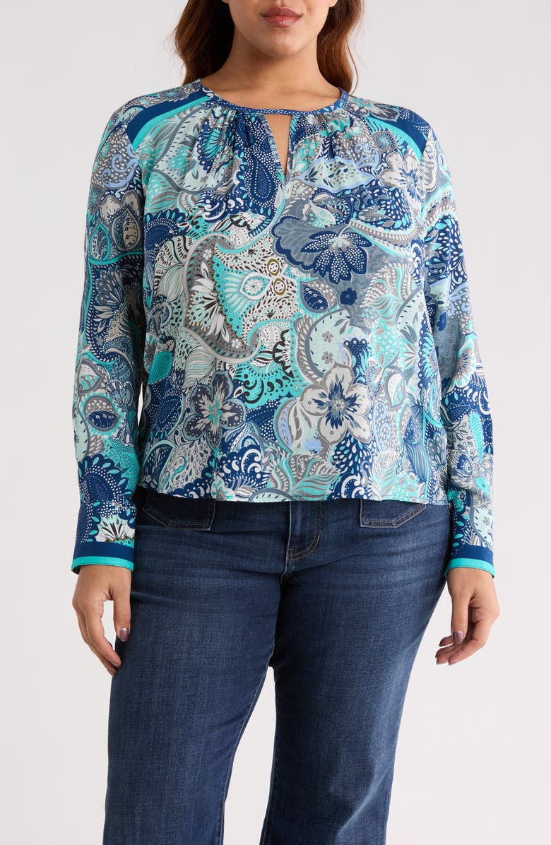 Liverpool Los Angeles Print Keyhole Top, Main, color, Aqua Blue Multi
