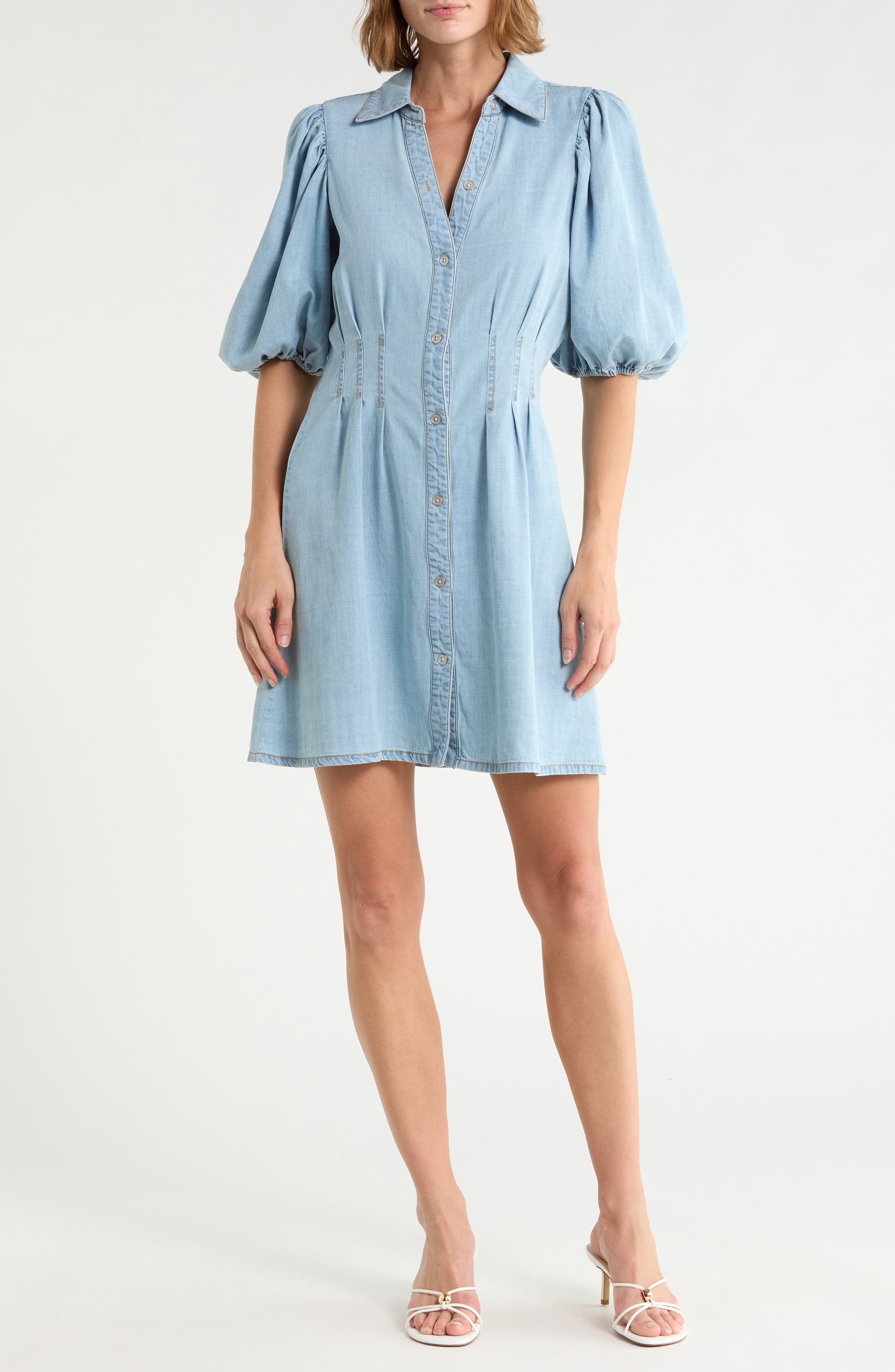 Puffy Sleeve Chambray Shirtdress
