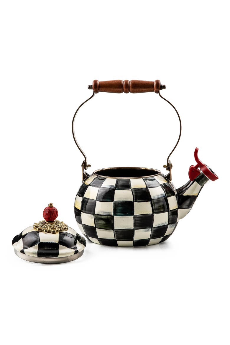 Courtly Check Enameled Steel Whistling Tea Kettle, Alternate, color, BLACK/ WHITE