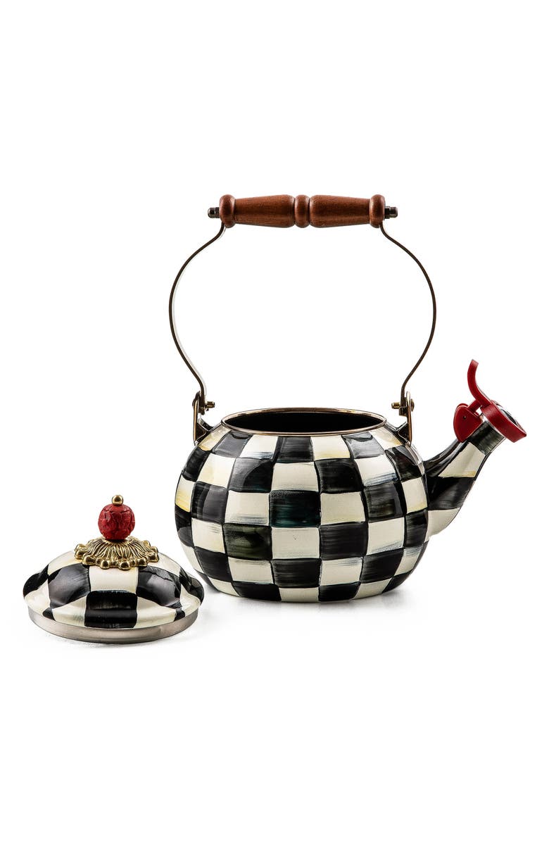 MACKENZIE CHILDS Courtly Check Enameled Steel Whistling Tea Kettle, Alternate, color, Black/ White
