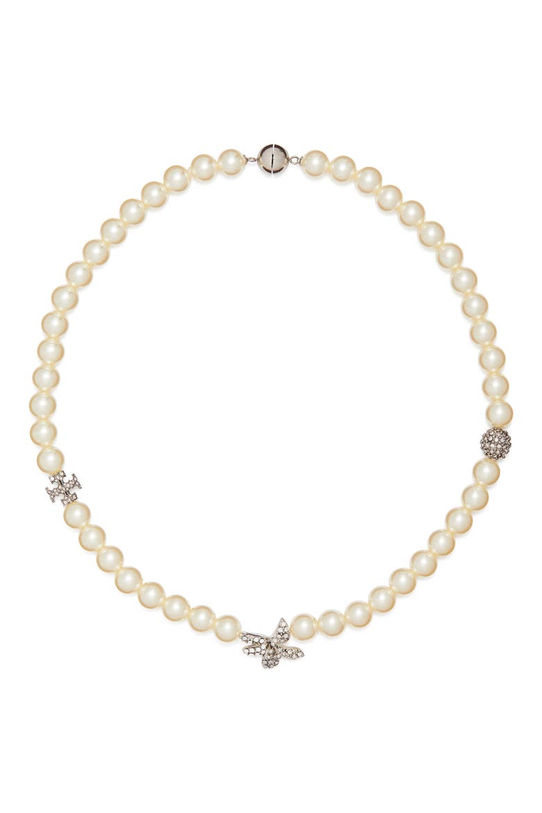 Moondance Pavé Flower & Faux Pearl Necklace, Main, color, TORY SILVER / PEARL / CRYSTAL