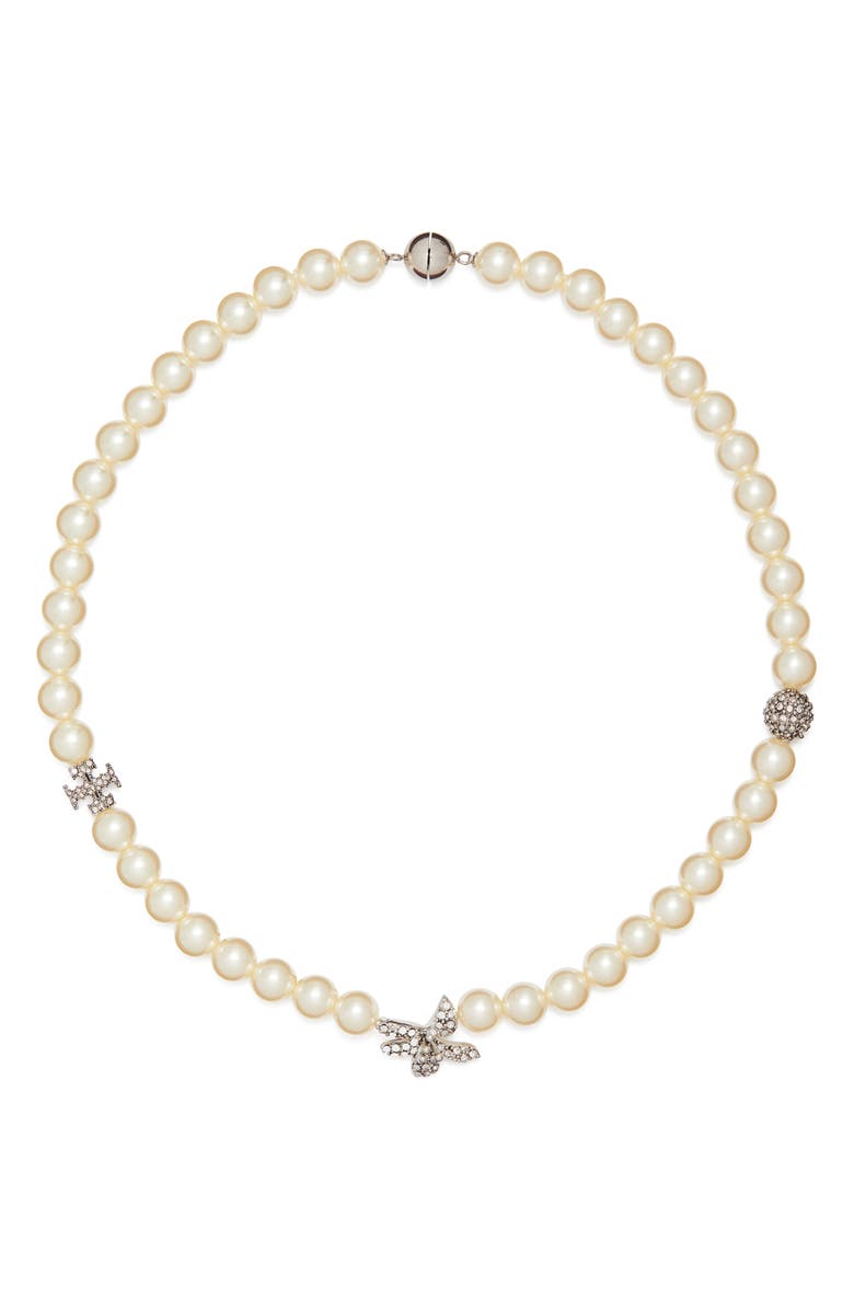 Tory Burch Moondance Pavé Flower & Faux Pearl Necklace, Main, color, Tory Silver / Pearl / Crystal