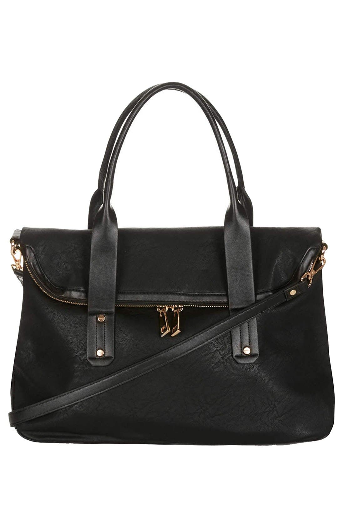 Foldover Faux Leather Holdall Bag, Main, color, BLACK