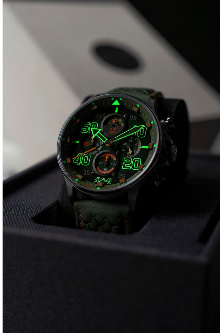 Hawker Typhoon Coningham Harding Chronograph Leather Strap Watch, 42mm, Alternate, color, GREEN
